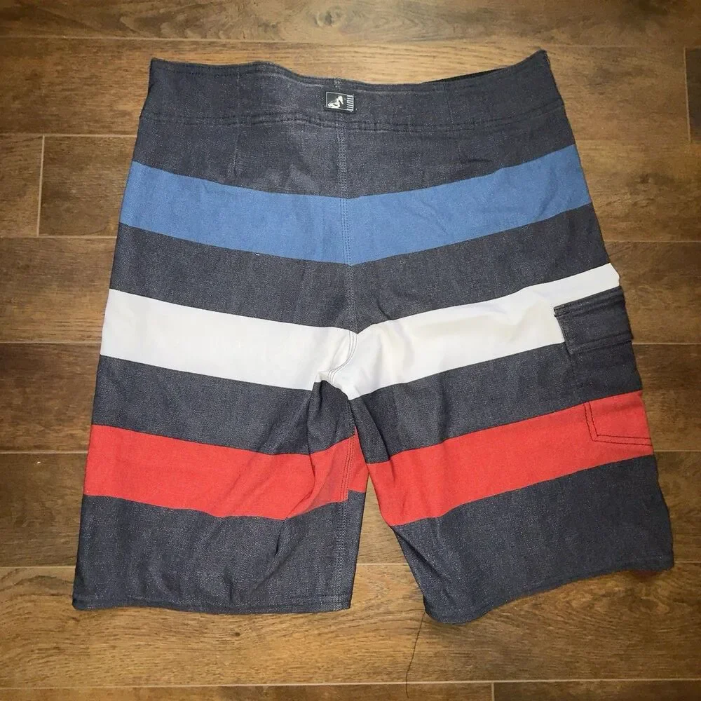 O'Neill Board Shorts, Mens 32, Polyester, 1 Pocket, Black Red White Blue Stripe